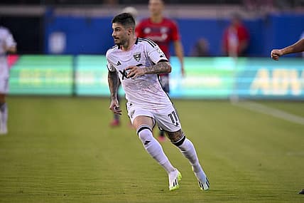 Jul 4, 2023; Frisco, Texas, USA; D.C. United forward Taxiarchis Fountas (11) in action during the game between FC Dallas and the D.C. United at Toyota Stadium. Mandatory Credit: Jerome Miron-USA TODAY Sports