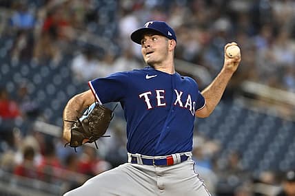 Jul 7, 2023; Washington, District of Columbia, USA; Texas Rangers starting pitcher Cody Bradford (61) throws to the Washington Nationals during the fourth inning at Nationals Park. Mandatory Credit: Brad Mills-USA TODAY Sports