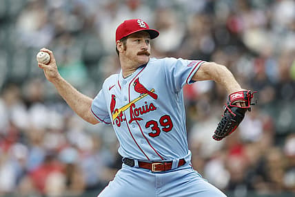 Jul 8, 2023; Chicago, Illinois, USA; St. Louis Cardinals starting pitcher Miles Mikolas (39) delivers a pitch against the Chicago White Sox during the first inning at Guaranteed Rate Field. Mandatory Credit: Kamil Krzaczynski-USA TODAY Sports