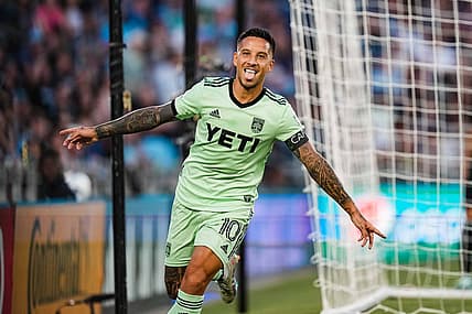 Jul 8, 2023; Saint Paul, Minnesota, USA; Austin FC forward Sebastian Driussi (10) celebrates his goal during the second half against Minnesota United at Allianz Field. Mandatory Credit: Brace Hemmelgarn-USA TODAY Sports