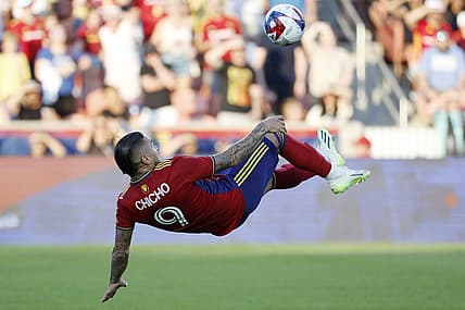 Jul 8, 2023; Sandy, Utah, USA; Real Salt Lake forward Chicho Arango (9) looks to shoot against the Orlando City in the first half at America First Field. Mandatory Credit: Jeff Swinger-USA TODAY Sports