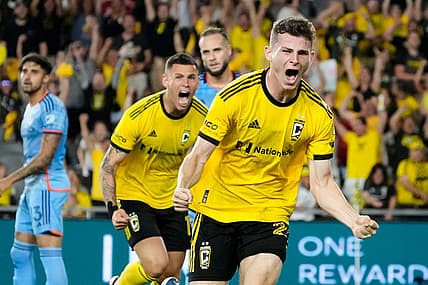 Jul 8, 2023; Columbus, Ohio, USA;  Columbus Crew midfielder Sean Zawadzki (25) reacts to scoring a goal during the second half of the MLS soccer match against the New York City FC at Lower.com Field. The Crew tied 1-1.