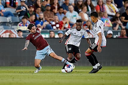 Jul 8, 2023; Commerce City, Colorado, USA; Colorado Rapids midfielder Braian Galvan (29) battles for the ball with FC Dallas midfielder Edwin Cerrillo (6) and forward Jader Obrian (8) in the first half at Dick's Sporting Goods Park. Mandatory Credit: Isaiah J. Downing-USA TODAY Sports