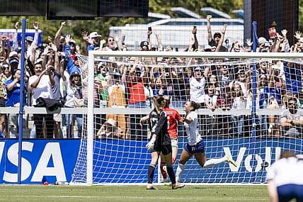Jul 9, 2023; San Jose, California, USA;  United States of America forward Trinity Rodman (20) reacts after scoring a goal against Wales during the second half at PayPal Park. Mandatory Credit: John Hefti-USA TODAY Sports