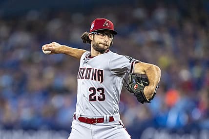 Jul 15, 2023; Toronto, Ontario, CAN; Arizona Diamondbacks starting pitcher Zac Gallen (23) pitches to the Toronto Blue Jays during the first inning at Rogers Centre. Mandatory Credit: Kevin Sousa-USA TODAY Sports