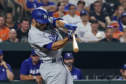 Jul 17, 2023; Baltimore, Maryland, USA;  Los Angeles Dodgers shortstop Chris Taylor (3) hits a sixth inning grand slam against the Baltimore Orioles at Oriole Park at Camden Yards. Mandatory Credit: Tommy Gilligan-USA TODAY Sports