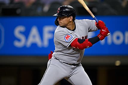 Jul 14, 2023; Arlington, Texas, USA; Cleveland Guardians first baseman Josh Naylor (22) in action during the game between the Texas Rangers and the Cleveland Guardians at Globe Life Field. Mandatory Credit: Jerome Miron-USA TODAY Sports