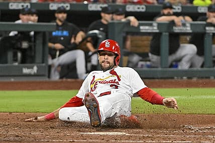 Jul 18, 2023; St. Louis, Missouri, USA;  St. Louis Cardinals center fielder Dylan Carlson (3) scores against the Miami Marlins during the seventh inning at Busch Stadium. Mandatory Credit: Jeff Curry-USA TODAY Sports