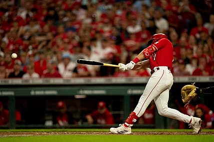Cincinnati Reds first baseman Spencer Steer (7) hits a base hit in the second inning of the MLB baseball game between the Cincinnati Reds and San Francisco Giants at Great American Ball Park in Cincinnati on Tuesday, July 18, 2023.
