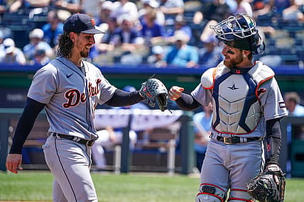 Jul 20, 2023; Kansas City, Missouri, USA; Detroit Tigers catcher Eric Haase (13) congratulates starting pitcher Michael Lorenzen (21) against the Kansas City Royals at the end of the fourth inning at Kauffman Stadium. Mandatory Credit: Denny Medley-USA TODAY Sports