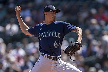 Jul 20, 2023; Seattle, Washington, USA; Seattle Mariners starting pitcher George Kirby (68) delivers a pitch during the first inning against the Minnesota Twins at T-Mobile Park. Mandatory Credit: Stephen Brashear-USA TODAY Sports
