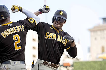 Jul 21, 2023; Detroit, Michigan, USA;  San Diego Padres left fielder Juan Soto (22) (right) celebrates with shortstop Xander Bogaerts (2) after hitting a two-run home run off Detroit Tigers starting pitcher Reese Olson (45) (not pictured) in the third inning at Comerica Park. Mandatory Credit: Lon Horwedel-USA TODAY Sports