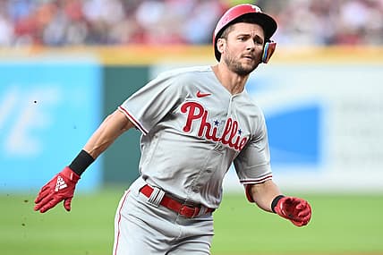 Jul 21, 2023; Cleveland, Ohio, USA; Philadelphia Phillies shortstop Trea Turner (7) rounds second base en route to a triple during the third inning against the Cleveland Guardians at Progressive Field. Mandatory Credit: Ken Blaze-USA TODAY Sports