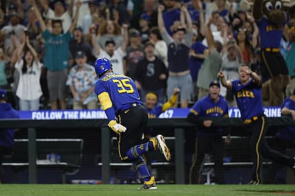 Jul 21, 2023; Seattle, Washington, USA; Seattle Mariners designated hitter Teoscar Hernandez (35) reacts towards the dugout after hitting a walk-off RBI-single against the Toronto Blue Jays during the ninth inning at T-Mobile Park. Mandatory Credit: Joe Nicholson-USA TODAY Sports