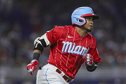 Jul 22, 2023; Miami, Florida, USA; Miami Marlins second baseman Luis Arraez (3) runs toward second base after hitting a double against the Colorado Rockies during the third inning at loanDepot Park. Mandatory Credit: Sam Navarro-USA TODAY Sports