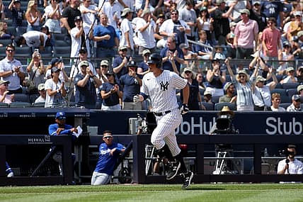 Jul 22, 2023; Bronx, New York, USA; New York Yankees third baseman DJ LeMahieu (26) rounds the bases after hitting a solo home run against the Kansas City Royals during the seventh inning at Yankee Stadium. Mandatory Credit: Brad Penner-USA TODAY Sports
