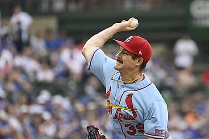 Jul 22, 2023; Chicago, Illinois, USA; St. Louis Cardinals starting pitcher Miles Mikolas (39) pitches against the Chicago Cubs during the first inning at Wrigley Field. Mandatory Credit: Matt Marton-USA TODAY Sports