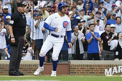 Jul 22, 2023; Chicago, Illinois, USA; Chicago Cubs center fielder Mike Tauchman (40) scores against the St. Louis Cardinals during the sixth inning at Wrigley Field. Mandatory Credit: Matt Marton-USA TODAY Sports