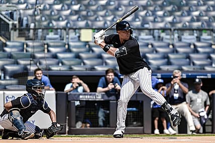 Jul 23, 2023; Bronx, New York, USA; New York Yankees right fielder Aaron Judge (99) takes batting practice with live pitching prior to the MLB game against the Kansas City Royals at Yankee Stadium. Mandatory Credit: John Jones-USA TODAY Sports