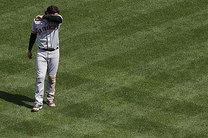 Jul 23, 2023; Washington, District of Columbia, USA; San Francisco Giants first baseman Wilmer Flores (41) reacts after being doubled up at first base Washington Nationals during the eighth inning at Nationals Park. Mandatory Credit: Geoff Burke-USA TODAY Sports