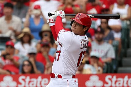 Jul 23, 2023; Anaheim, California, USA;  Los Angeles Angels designated hitter Shohei Ohtani (17) hits a home run during the first inning against the Pittsburgh Pirates at Angel Stadium. Mandatory Credit: Kiyoshi Mio-USA TODAY Sports