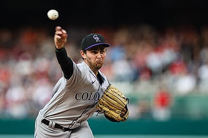 Jul 24, 2023; Washington, District of Columbia, USA; Colorado Rockies relief pitcher Karl Kauffmann (51) pitches against the Washington Nationals during the third inning at Nationals Park. Mandatory Credit: Scott Taetsch-USA TODAY Sports