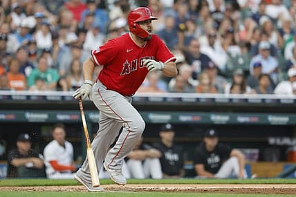Jul 25, 2023; Detroit, Michigan, USA;  Los Angeles Angels first baseman Mike Moustakas (8) hits a single in the fifth inning against the Detroit Tigers at Comerica Park. Mandatory Credit: Rick Osentoski-USA TODAY Sports