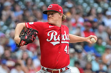 Jul 25, 2023; Milwaukee, Wisconsin, USA; Cincinnati Reds pitcher Andrew Abbott (41) pitches against the Milwaukee Brewers in the first inning at American Family Field. Mandatory Credit: Benny Sieu-USA TODAY Sports