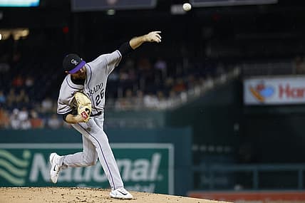 Jul 25, 2023; Washington, District of Columbia, USA; Colorado Rockies starting pitcher Austin Gomber (26) pitches against the Washington Nationals during the first inning at Nationals Park. Mandatory Credit: Geoff Burke-USA TODAY Sports
