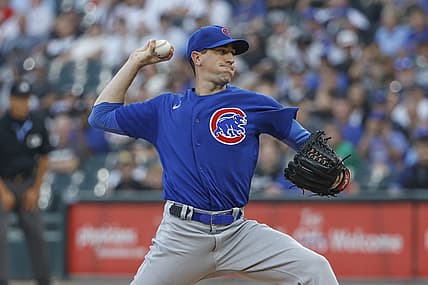 Jul 25, 2023; Chicago, Illinois, USA; Chicago Cubs starting pitcher Kyle Hendricks (28) delivers a pitch against the Chicago White Sox during the first inning at Guaranteed Rate Field. Mandatory Credit: Kamil Krzaczynski-USA TODAY Sports