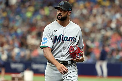 Jul 26, 2023; St. Petersburg, Florida, USA; Miami Marlins starting pitcher Sandy Alcantara (22) walks back to the dugout against the Tampa Bay Rays at the end of the third inning  at Tropicana Field. Mandatory Credit: Kim Klement-USA TODAY Sports