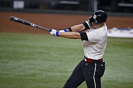 Jul 21, 2023; Arlington, Texas, USA; Texas Rangers shortstop Corey Seager (5) in action during the game between the Texas Rangers and the Los Angeles Dodgers at Globe Life Field. Mandatory Credit: Jerome Miron-USA TODAY Sports