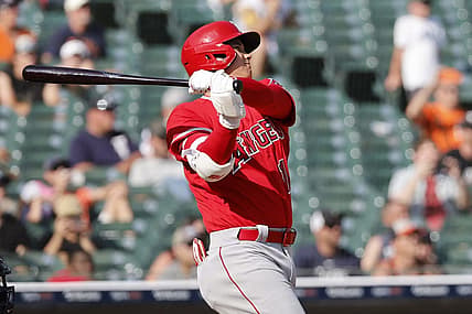 Jul 27, 2023; Detroit, Michigan, USA;  Los Angeles Angels starting pitcher Shohei Ohtani (17) hits a home run in the fourth inning against the Detroit Tigers at Comerica Park. Mandatory Credit: Rick Osentoski-USA TODAY Sports