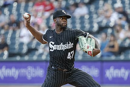 Jul 28, 2023; Chicago, Illinois, USA; Chicago White Sox starting pitcher Touki Toussaint (47) delivers a pitch against the Cleveland Guardians during the first inning at Guaranteed Rate Field. Mandatory Credit: Kamil Krzaczynski-USA TODAY Sports