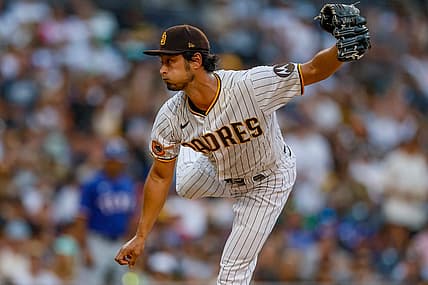Jul 29, 2023; San Diego, California, USA;  San Diego Padres starting pitcher Yu Darvish (11) throws a pitch during the sixth inning against the Texas Rangers at Petco Park. Mandatory Credit: David Frerker-USA TODAY Sports