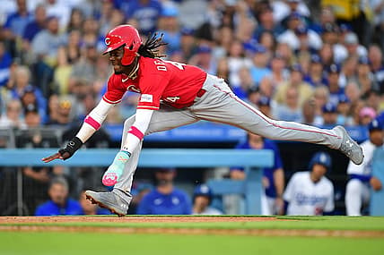 Jul 29, 2023; Los Angeles, California, USA;Cincinnati Reds shortstop Elly De La Cruz (44) runs home to score against the Los Angeles Dodgers during the sixth inning  at Dodger Stadium. Mandatory Credit: Gary A. Vasquez-USA TODAY Sports