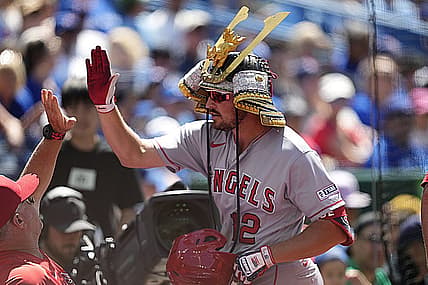 Jul 30, 2023; Toronto, Ontario, CAN; Los Angeles Angels right fielder Hunter Renfroe (12) celebrates with teammates after hitting a two run home run against the Toronto Blue Jays during the tenth inning at Rogers Centre. Mandatory Credit: John E. Sokolowski-USA TODAY Sports