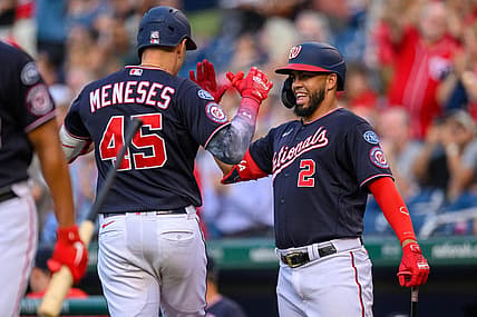 Jul 31, 2023; Washington, District of Columbia, USA; Washington Nationals designated hitter Joey Meneses (45) celebrates with Washington Nationals second baseman Luis Garcia (2) after hitting a home run during the second inning against the Milwaukee Brewers at Nationals Park. Mandatory Credit: Reggie Hildred-USA TODAY Sports