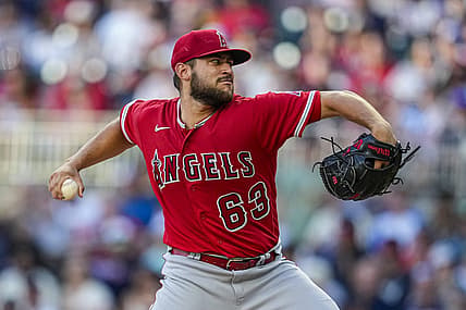 Jul 31, 2023; Cumberland, Georgia, USA; Los Angeles Angels starting pitcher Chase Silseth (63) pitches against the Atlanta Braves during the first inning at Truist Park. Mandatory Credit: Dale Zanine-USA TODAY Sports