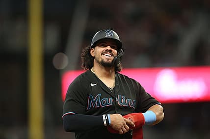 Sep 10, 2021; Atlanta, Georgia, USA; Miami Marlins catcher Jorge Alfaro (38) shows emotion against the Atlanta Braves in the third inning at Truist Park. Mandatory Credit: Brett Davis-USA TODAY Sports