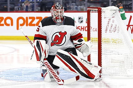 Dec 3, 2021; Winnipeg, Manitoba, CAN; New Jersey Devils goaltender Jonathan Bernier (45) warms up before start of the second period against the Winnipeg Jets at Canada Life Centre. Mandatory Credit: James Carey Lauder-USA TODAY Sports