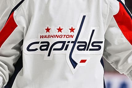 Feb 10, 2022; Montreal, Quebec, CAN; A view of the Washington Capitals logo worn by a member of the team during the second period at Bell Centre. Mandatory Credit: David Kirouac-USA TODAY Sports