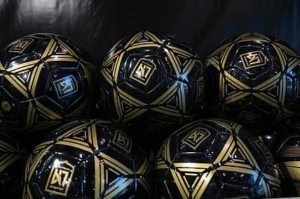 Nov 1, 2022; Los Angeles, California, USA; Los Angeles FC logo soccer balls at the LAFC HQ store at Banc of California Stadium. Mandatory Credit: Kirby Lee-USA TODAY Sports