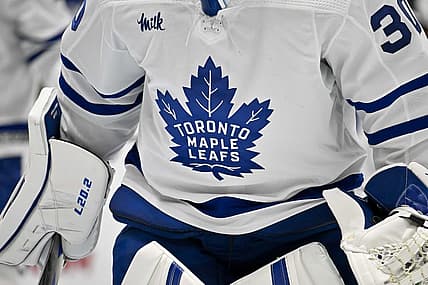 Dec 6, 2022; Dallas, Texas, USA; A view of the Toronto Maple Leafs logo during the game between the Dallas Stars and the Toronto Maple Leafs at American Airlines Center. Mandatory Credit: Jerome Miron-USA TODAY Sports
