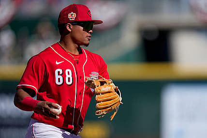 Cincinnati Reds shortstop Noelvi Marte (68) plays a ground ball off the bat of Cleveland Guardians Jhonkensy Noel in the sixth inning of the MLB Cactus League spring training game between the Cincinnati Reds and the Cleveland Guardians at Goodyear Ballpark in Goodyear, Ariz., on Saturday, Feb. 25, 2023.

Cleveland Guardians At Cincinnati Reds Spring Training
