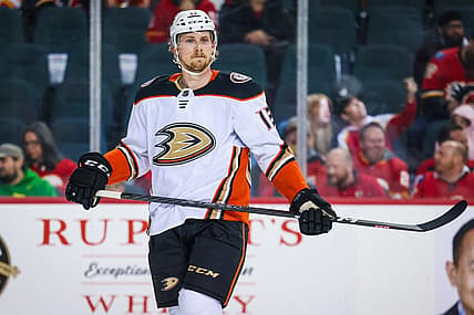 Apr 2, 2023; Calgary, Alberta, CAN; Anaheim Ducks defenseman Simon Benoit (13) against the Calgary Flames during the second period at Scotiabank Saddledome. Mandatory Credit: Sergei Belski-USA TODAY Sports