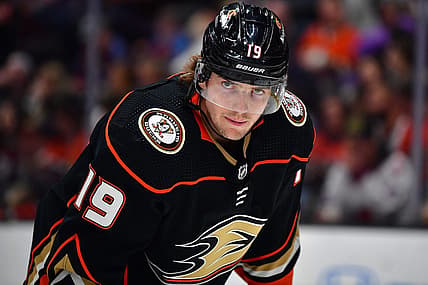 Apr 9, 2023; Anaheim, California, USA; Anaheim Ducks right wing Troy Terry (19) reacts during the second period at Honda Center. Mandatory Credit: Gary A. Vasquez-USA TODAY Sports