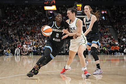May 13, 2023; Toronto, Ontario, Canada; Chicago Sky guard Kahleah Copper (2) drives to the net against Minnesota Lynx forward Bridget Carleton (6) during the first half at Scotiabank Arena. Mandatory Credit: John E. Sokolowski-USA TODAY Sports