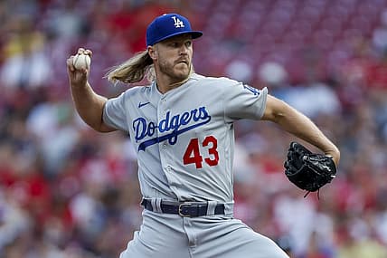 Jun 7, 2023; Cincinnati, Ohio, USA; Los Angeles Dodgers starting pitcher Noah Syndergaard (43) pitches against the Cincinnati Reds in the first inning at Great American Ball Park. Mandatory Credit: Katie Stratman-USA TODAY Sports