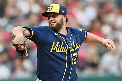 Jun 23, 2023; Cleveland, Ohio, USA; Milwaukee Brewers starting pitcher Wade Miley (20) throws a pitch during the first inning against the Cleveland Guardians at Progressive Field. Mandatory Credit: Ken Blaze-USA TODAY Sports